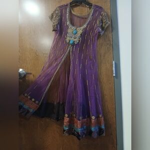 INDIAN purple sheer short sleeve embellished midi dress w/ front slit